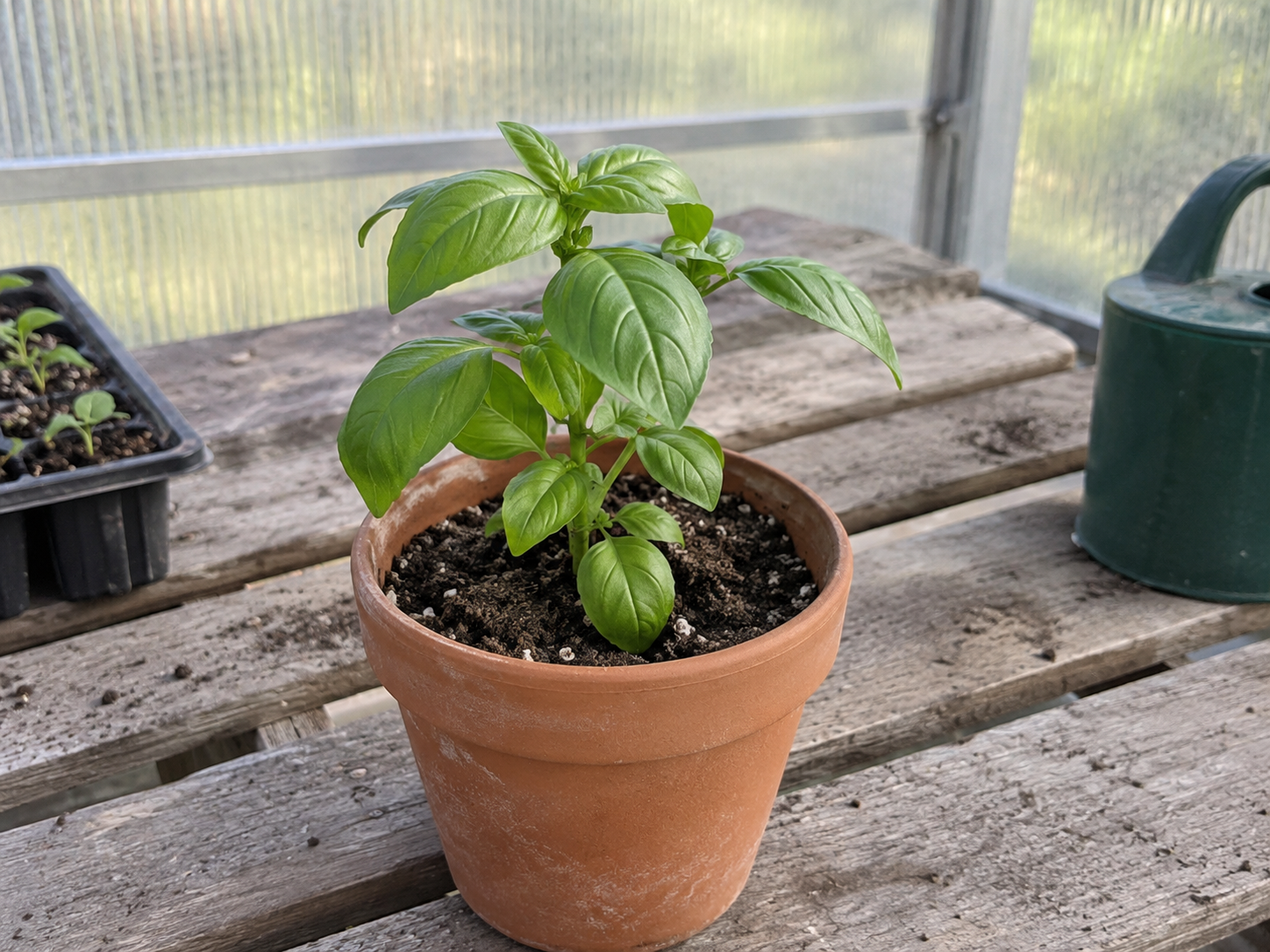 AI-generated example of a young basil plant in a pot; not a customer photo