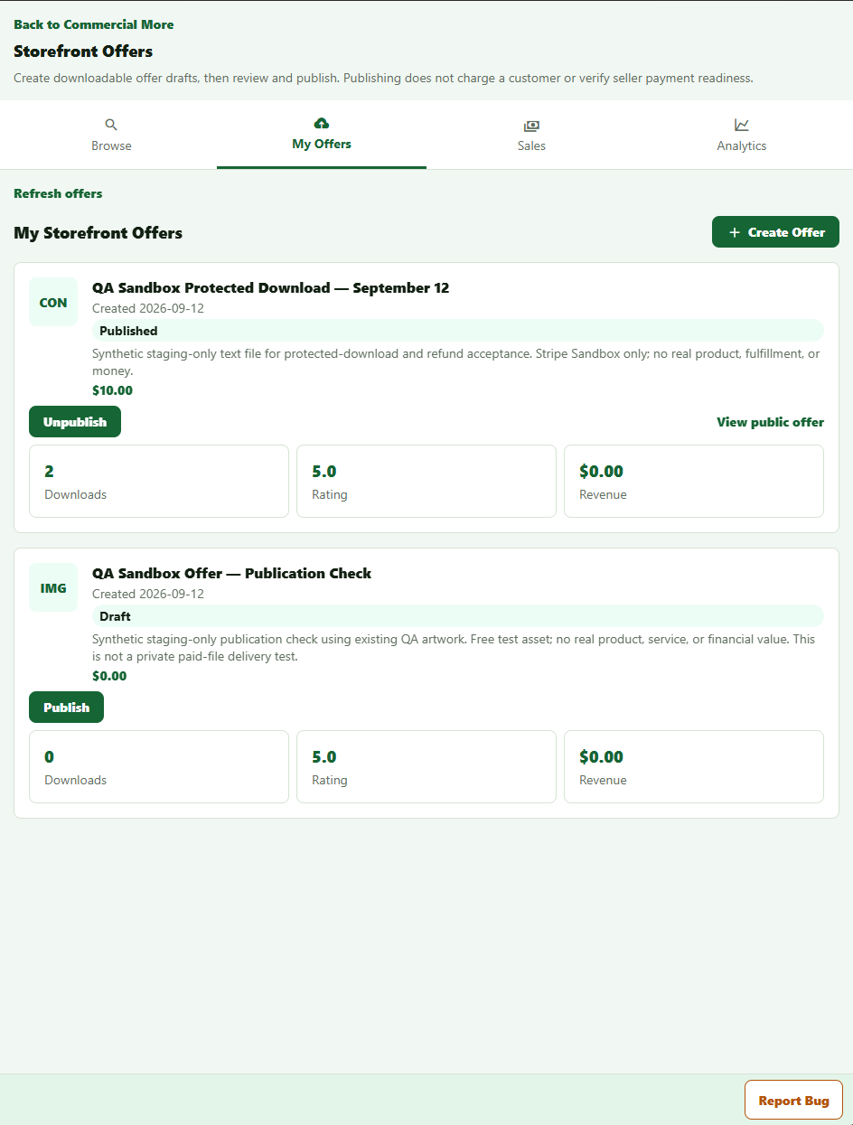 Actual Commercial Storefront Offers page with one synthetic published offer and one synthetic draft