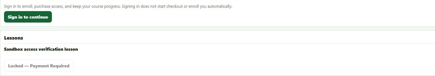 Signed-out view of the same synthetic course showing sign-in guidance and a payment-required lesson lock
