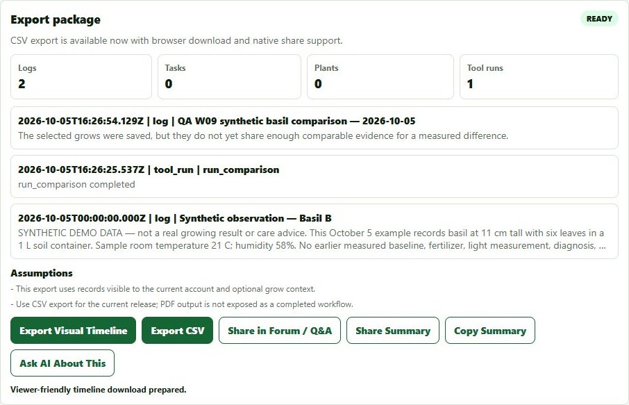 Export package with two synthetic journal entries, one comparison run and available CSV and timeline controls