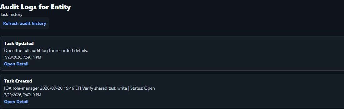 History for the same synthetic Facility task showing July 20 creation and update entries