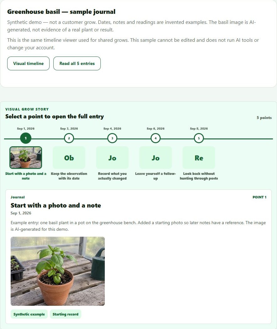 Sample basil journal with the first dated photo entry open