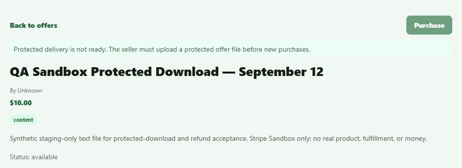 Matching synthetic offer page with protected-delivery warning and disabled Purchase button